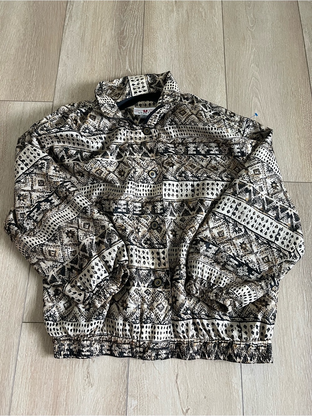 Vintage 80s Silk Patterned Beige & Black women’s zip Button Jacket Sz L